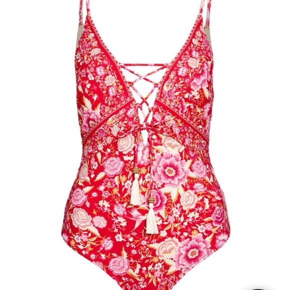 Boho Floral Lace-Up One Piece SWIMSUIT Red Pink - Picture 3 of 3